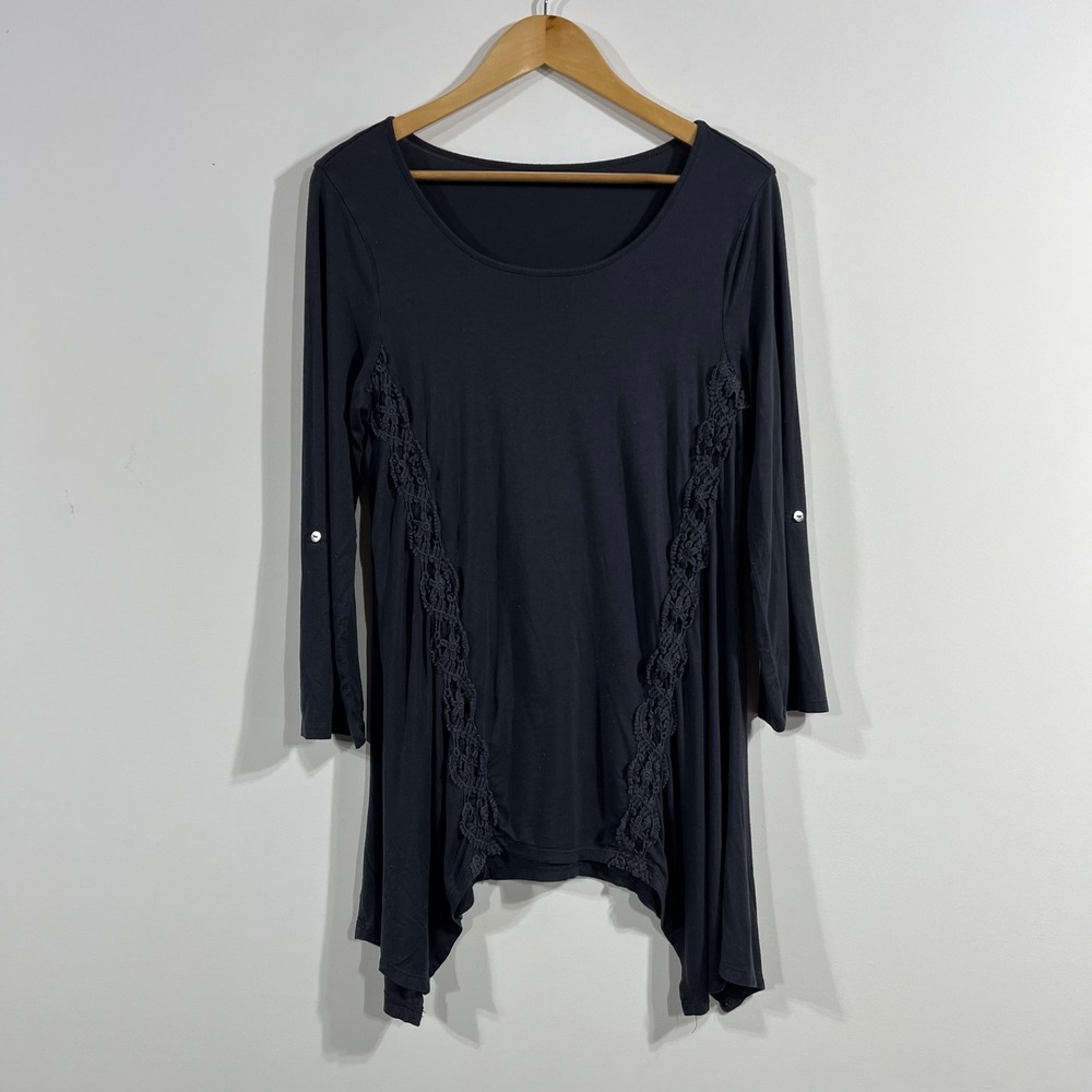 Womens Lagenlook Asymmetrical Crochet Lace Trim Sharkbite Tunic Top Women Medium